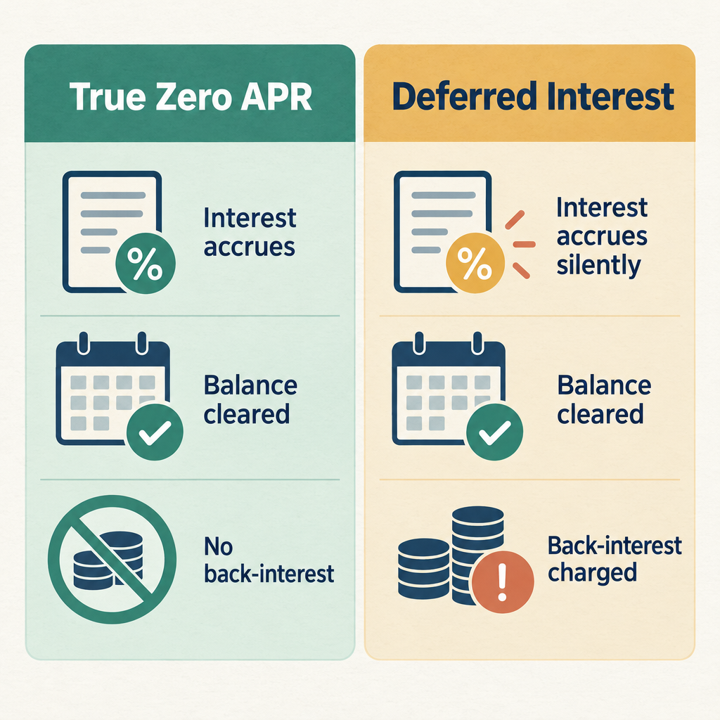 Two-column comparison diagram showing true zero percent APR on the left versus deferred interest on the right with labeled outcome differences
