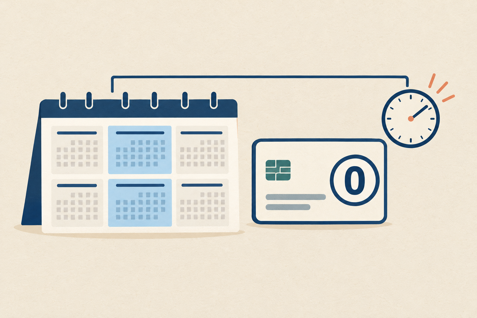 A calendar showing a promotional period window beside a credit card outline with a zero symbol and a clock approaching its end