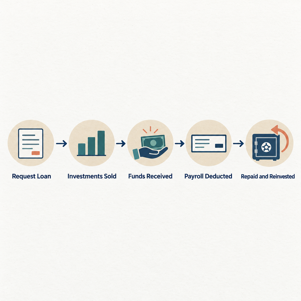 Flow diagram showing the five steps of taking a 401k loan: request, sell investments, receive funds, payroll deductions, repayment reinvested