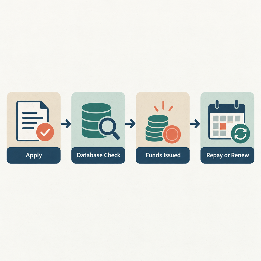 Flow diagram showing the Alabama payday loan process from application through database check to repayment or rollover