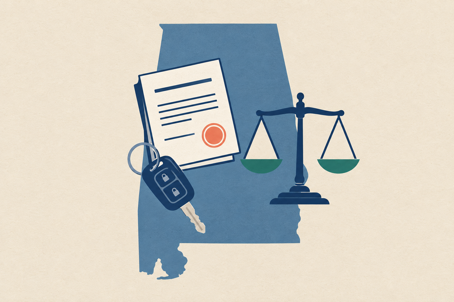 Alabama state outline with a payday loan document, car key, and a legal scale representing state loan regulations