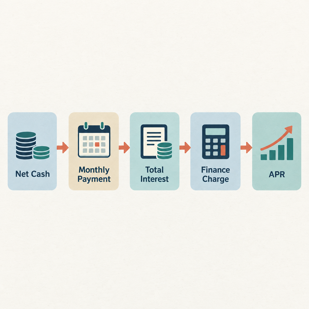 Flow diagram showing five steps from loan amount and fees to APR: Net Cash, Monthly Payment, Total Interest, Finance Charge, APR