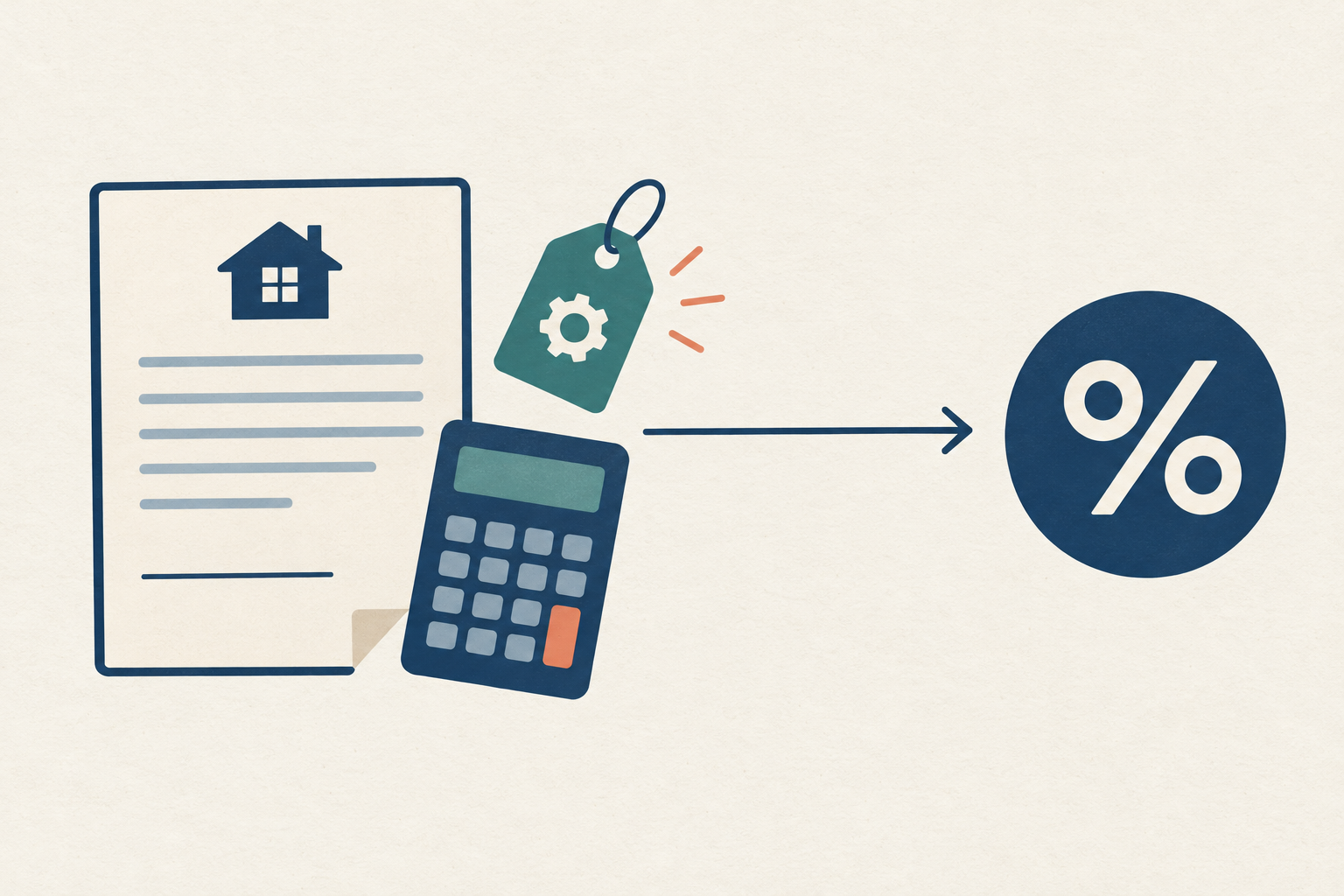 A magnifying glass over a loan document beside a calculator and a fee tag, illustrating how upfront fees raise the true annual percentage rate