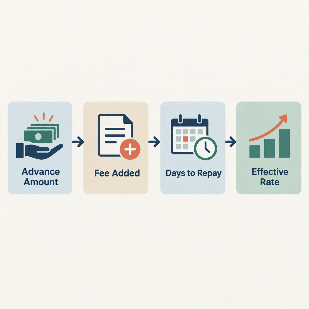Flow diagram showing how a cash advance fee is calculated: advance amount, fee added, days until repayment, then effective rate result
