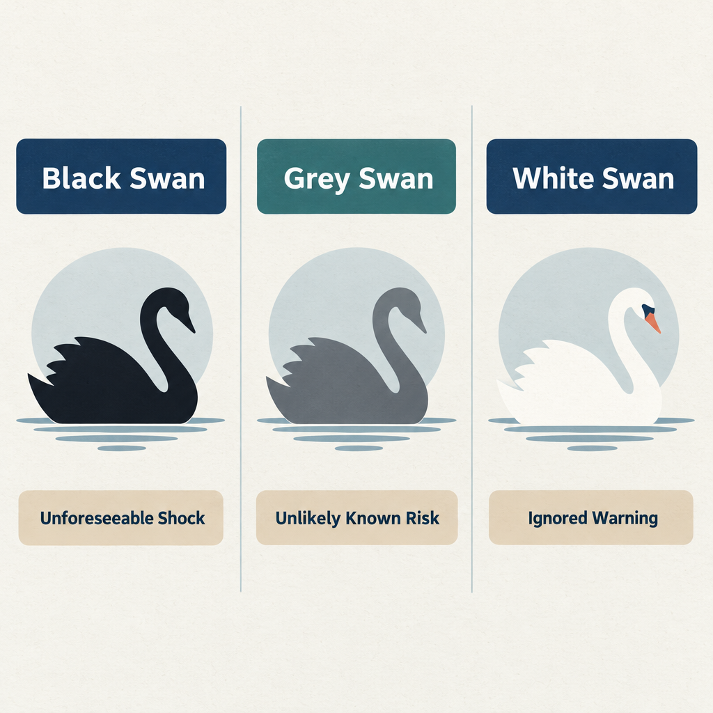 Three-column comparison diagram showing black swan as unforeseeable shock, grey swan as unlikely known risk, and white swan as ignored predictable event