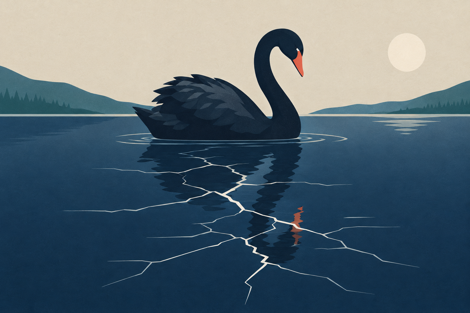 A lone black swan on still water reflected against a cracked financial chart pattern, symbolizing rare catastrophic market events