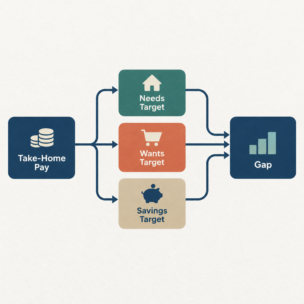 Flow diagram showing take-home pay splitting into needs target, wants target, and savings target, then combining into a gap result