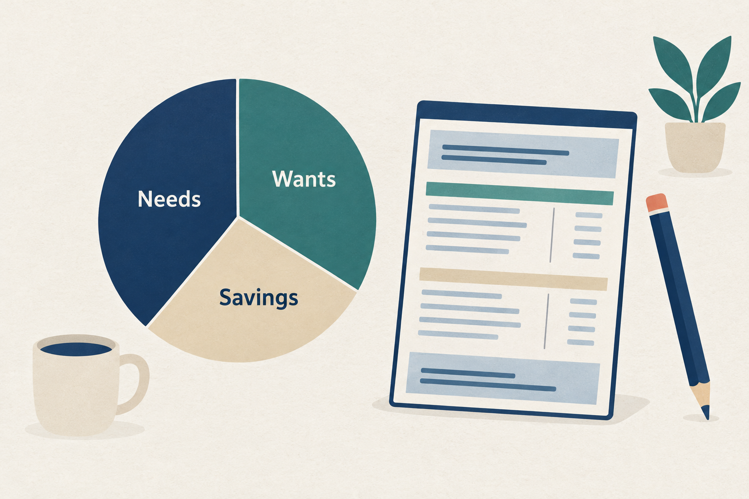 A pie divided into three sections labeled needs, wants, and savings, resting beside a pay stub and a pencil on a clean desk