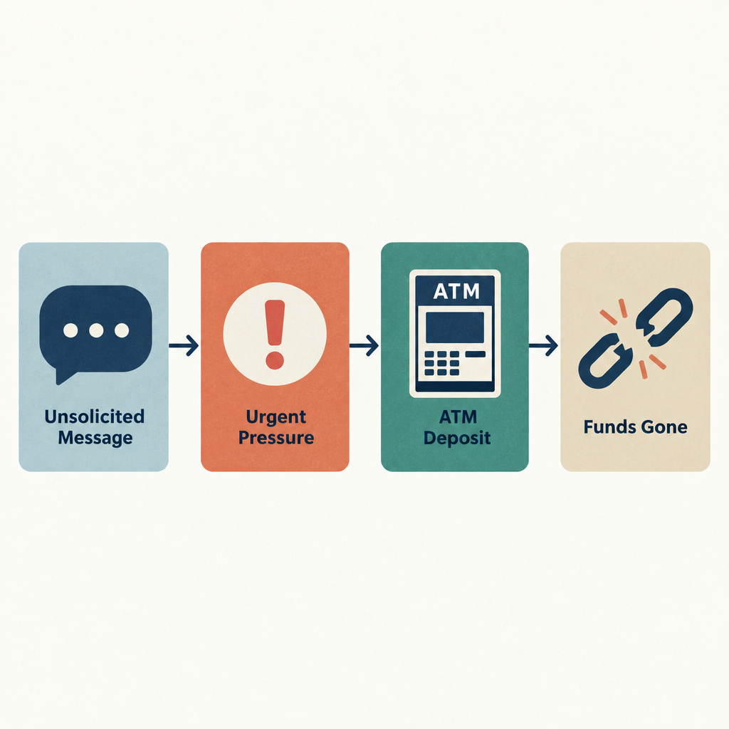 Flow diagram showing how a crypto ATM scam moves from first contact to irreversible loss