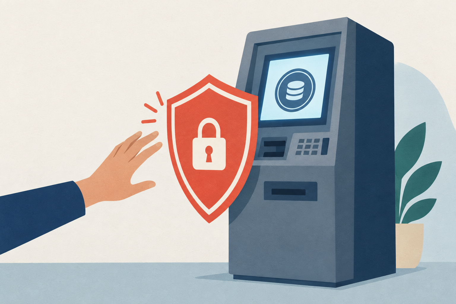 A crypto ATM kiosk behind a red warning shield with a hand reaching toward it stopped by a barrier