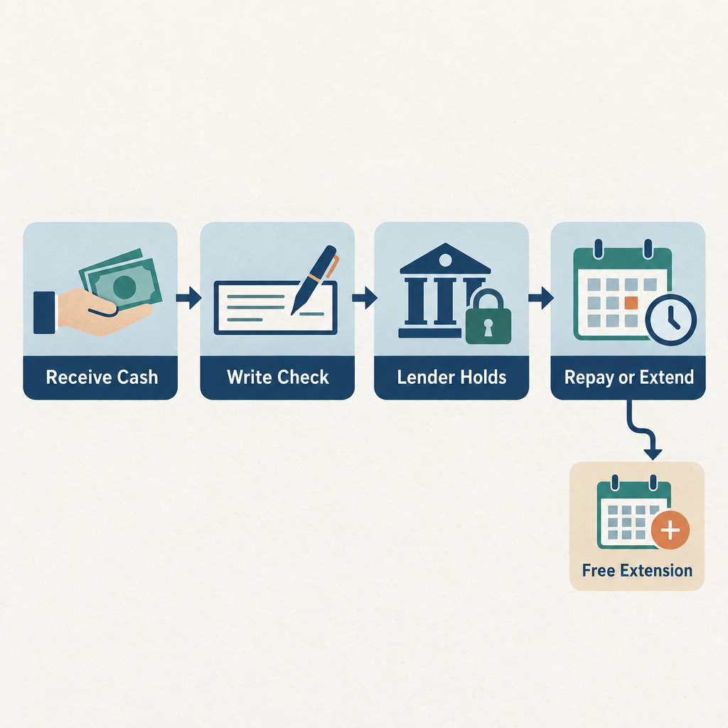 Flow diagram showing the four steps of a California payday loan: borrow cash, write check, lender holds check, repayment or free extension