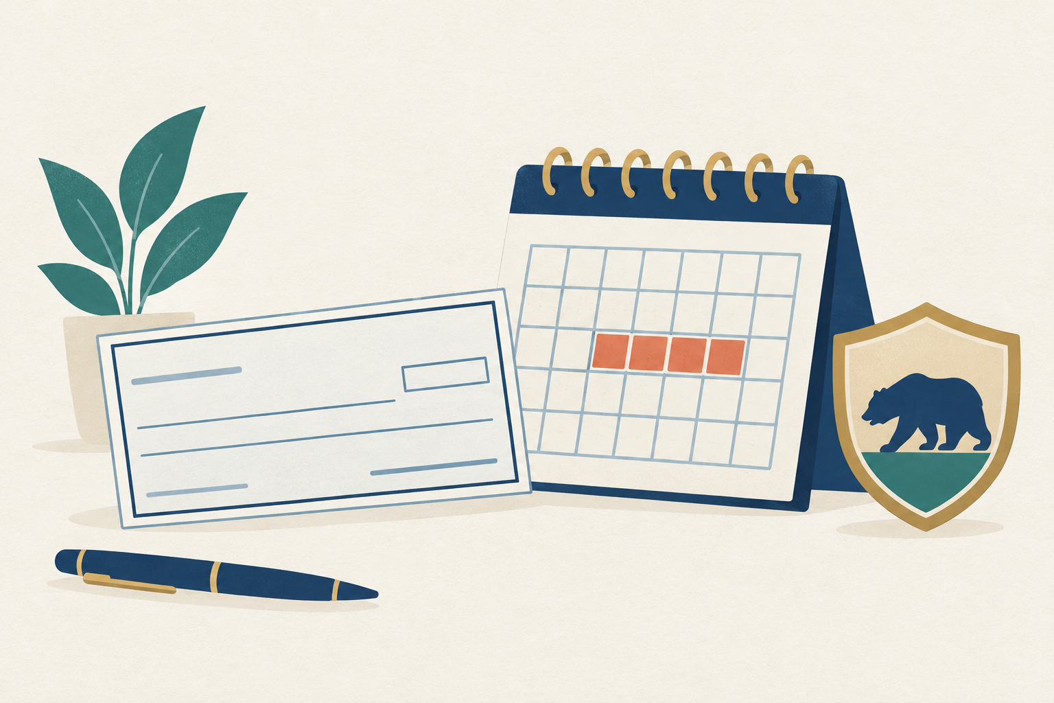 A personal check and a calendar showing a 31-day window beside a state seal emblem, representing California payday loan rules