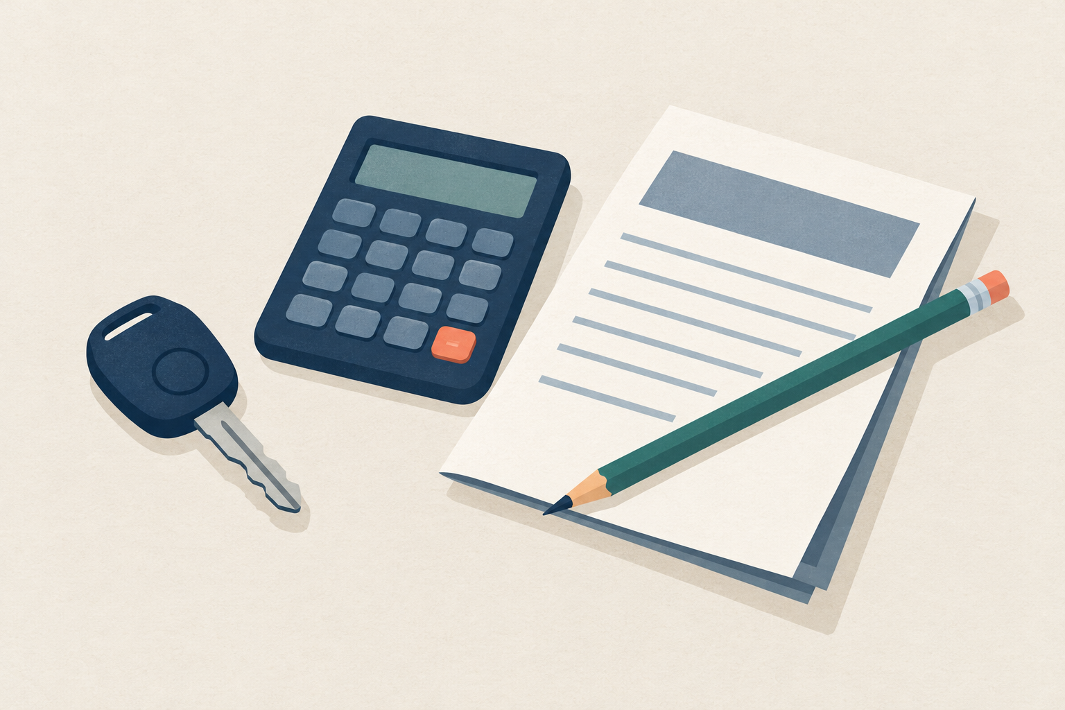 A car key resting beside a calculator and a loan document with a pencil, representing auto loan payment planning