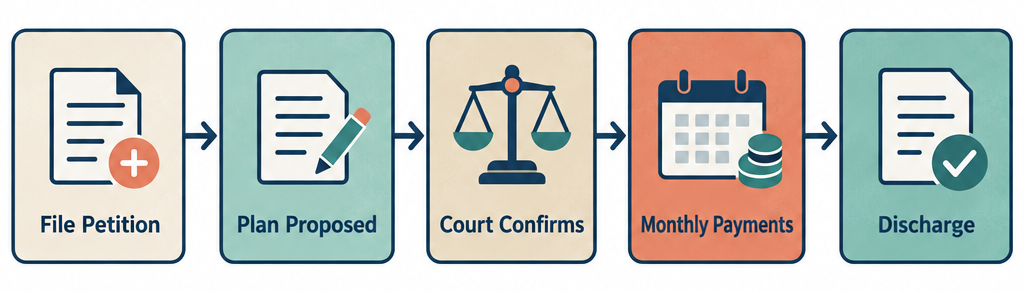 Flow diagram showing five steps of a Chapter 13 repayment plan from filing petition to final discharge