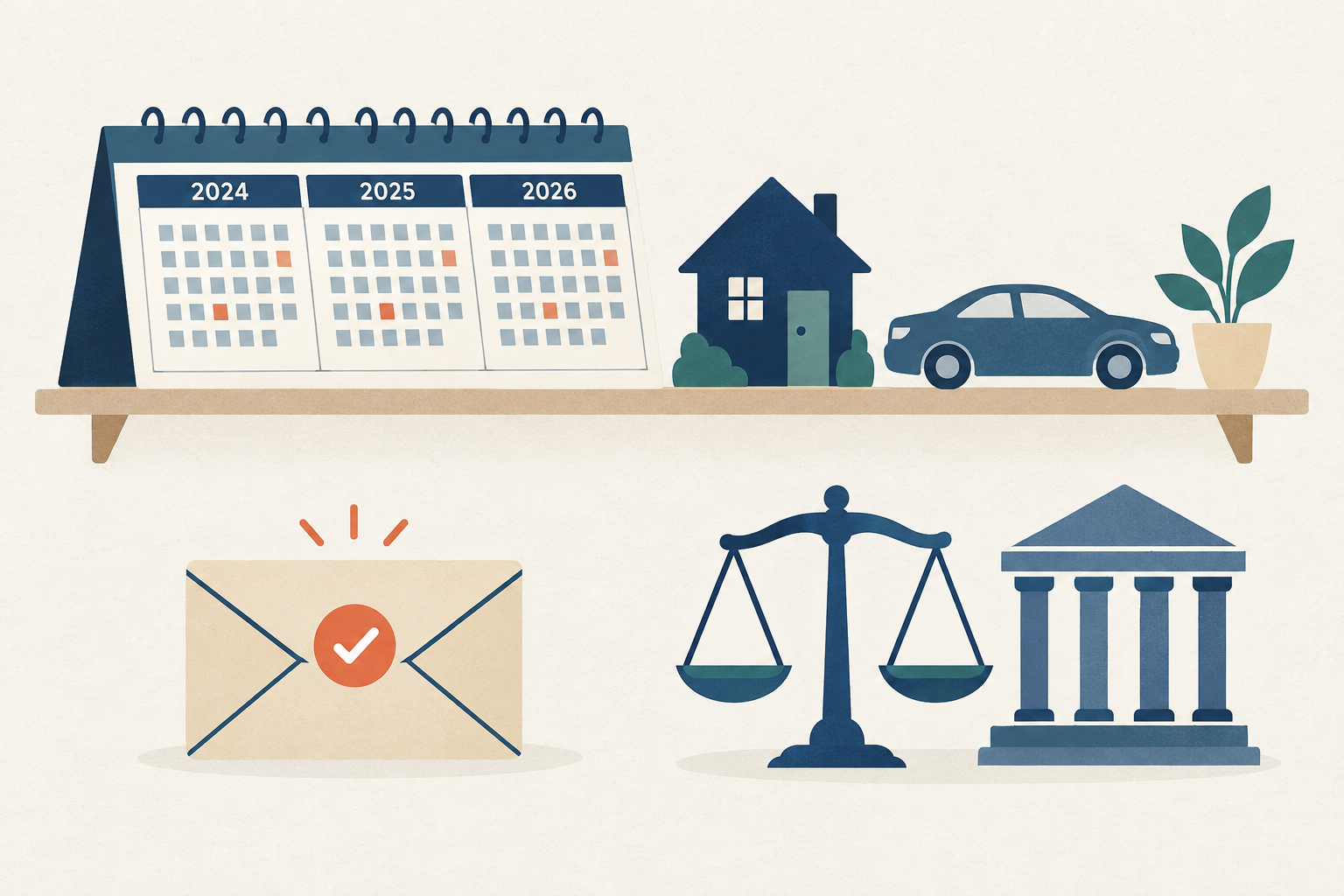 A calendar spanning three to five years with a gavel, a house, and a single monthly payment envelope flowing to a courthouse ledger