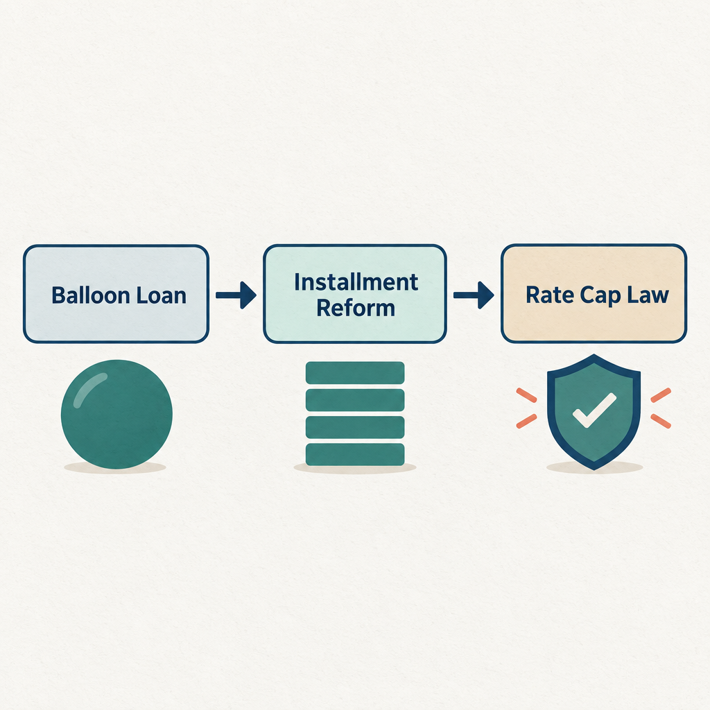 Two-step reform flow diagram showing pre-reform balloon loan structure transforming first into installment loan and then into all-in rate cap