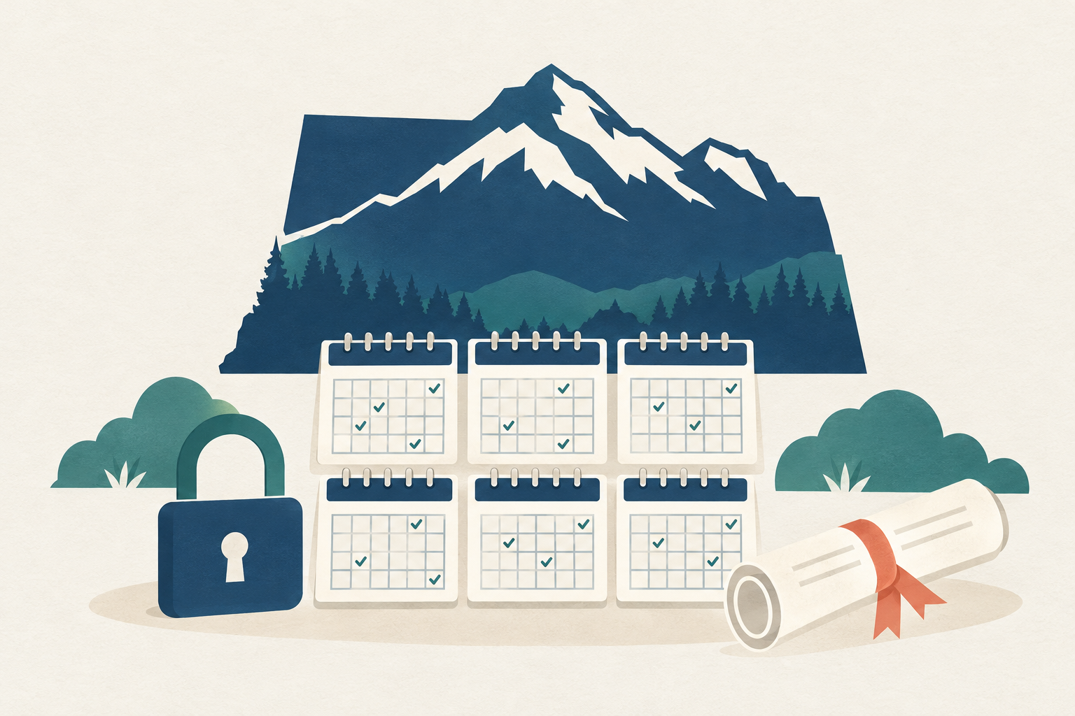 A Colorado mountain outline above a calendar showing six monthly payment marks, a padlock, and a capped finance document on a clean desk