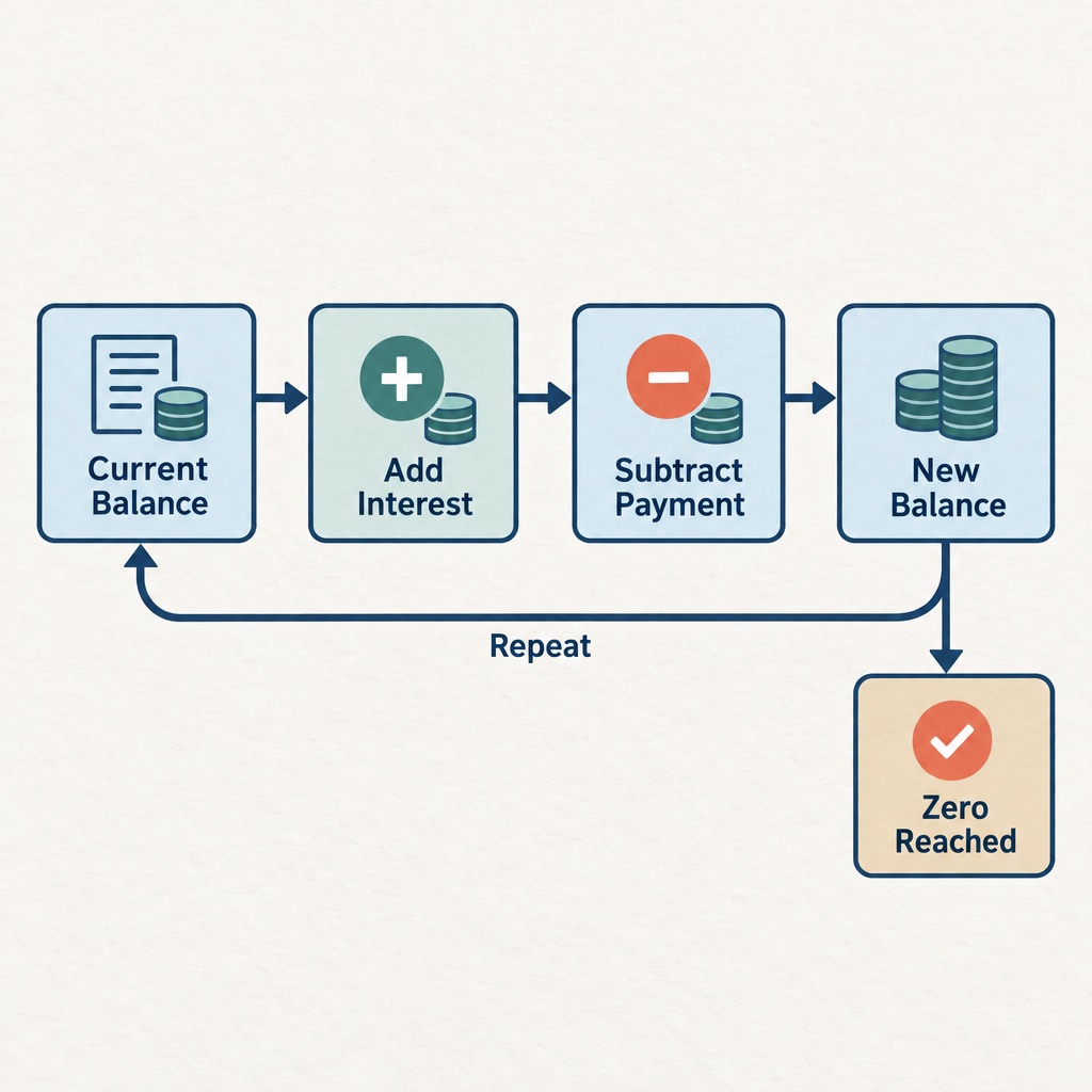 Flow diagram showing the monthly interest calculation loop: starting balance, add interest, subtract payment, new balance, repeat until zero