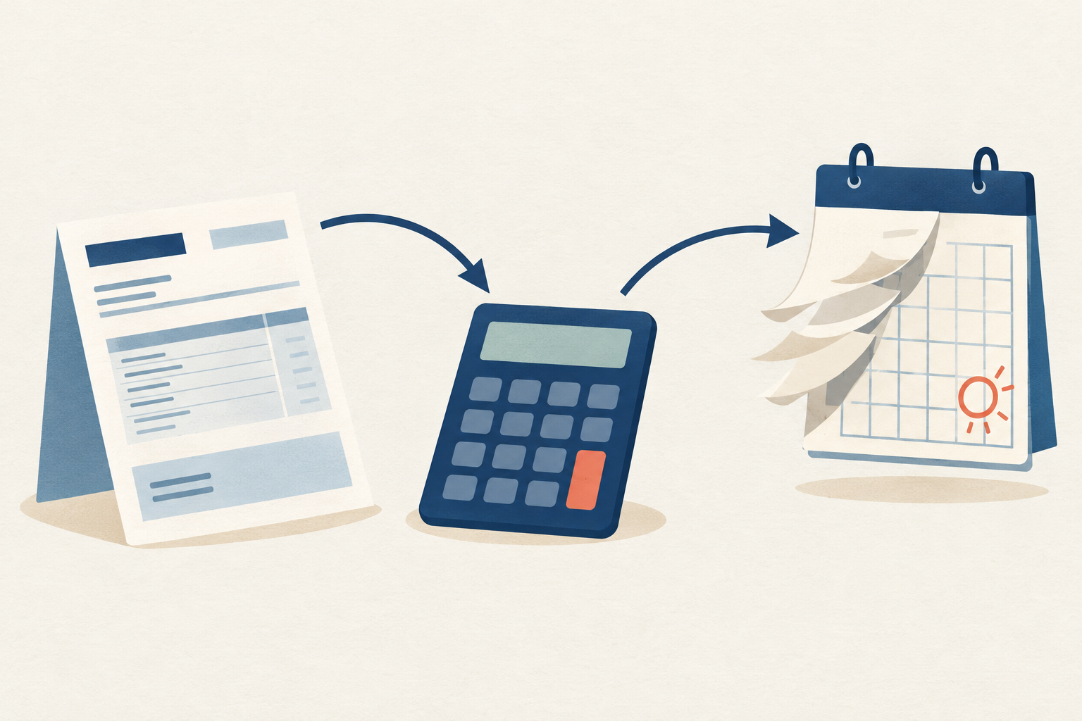 A calculator, a credit card statement, and a countdown calendar showing a debt payoff timeline