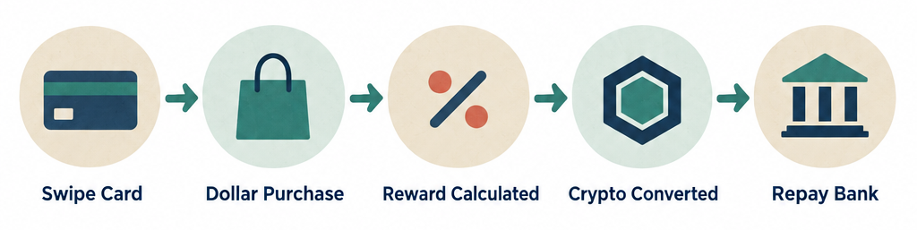 Flow diagram showing five steps: Swipe Card, Dollar Purchase, Reward Calculated, Crypto Converted, Repay Bank