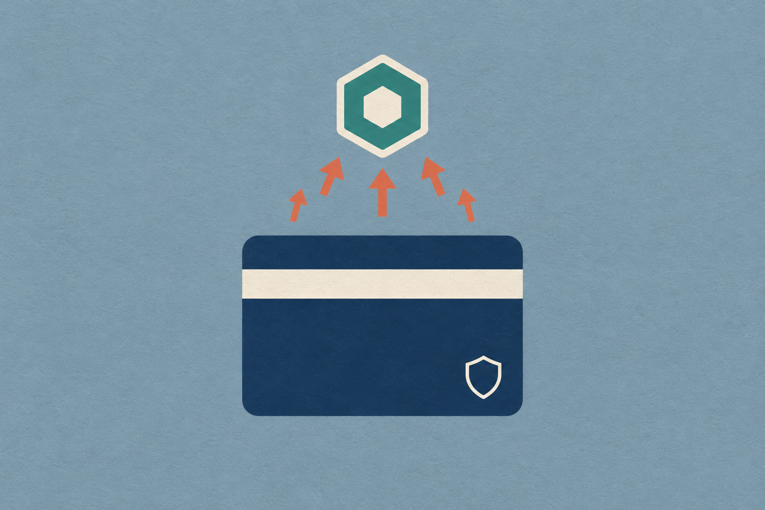 A credit card overlaid with a hexagonal crypto token symbol, surrounded by upward reward arrows and a small shield icon on a calm blue-grey background