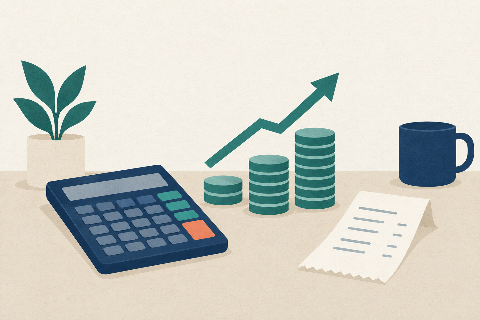 A calculator, coin stack, and upward arrow on a clean desk representing crypto profit calculation