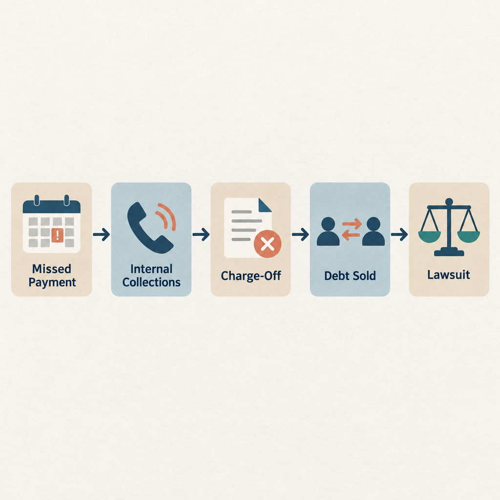 Flow diagram showing five stages from missed payment through charge-off to debt sale to lawsuit to judgment