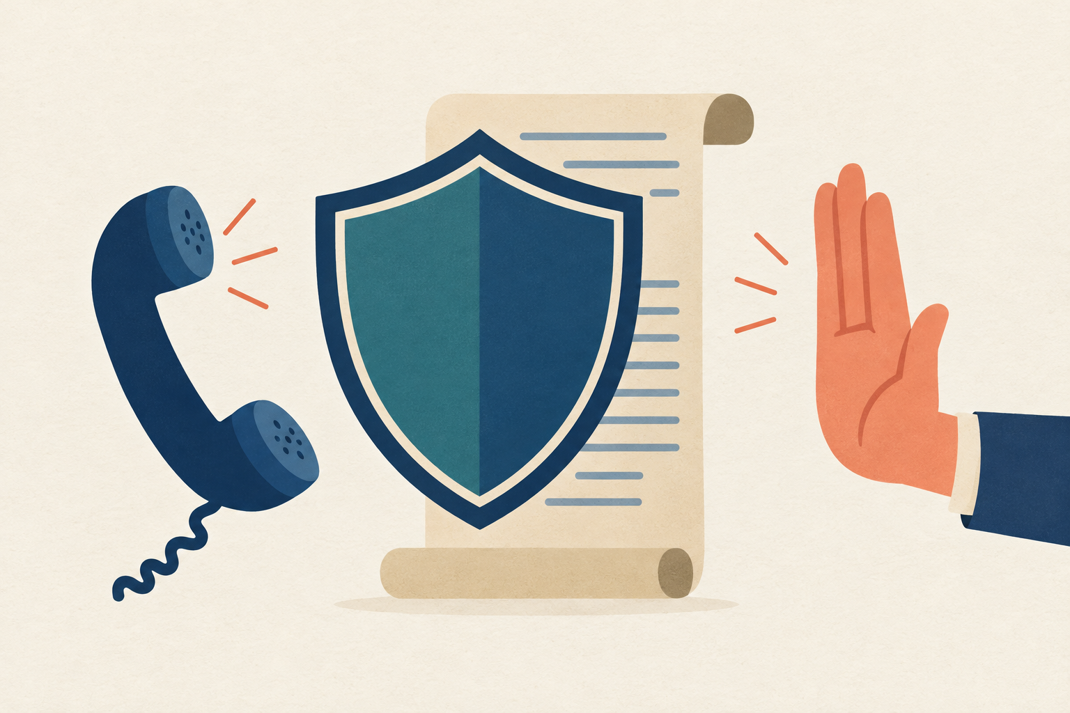 A shield and a legal document scroll flanked by a telephone handset and a stop-sign hand gesture, representing borrower rights against debt collectors