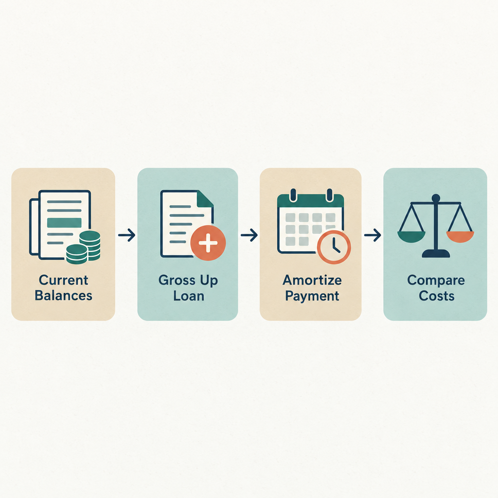 Flow diagram showing four steps: Current Balances, Gross Up Loan, Amortize Payment, Compare Costs