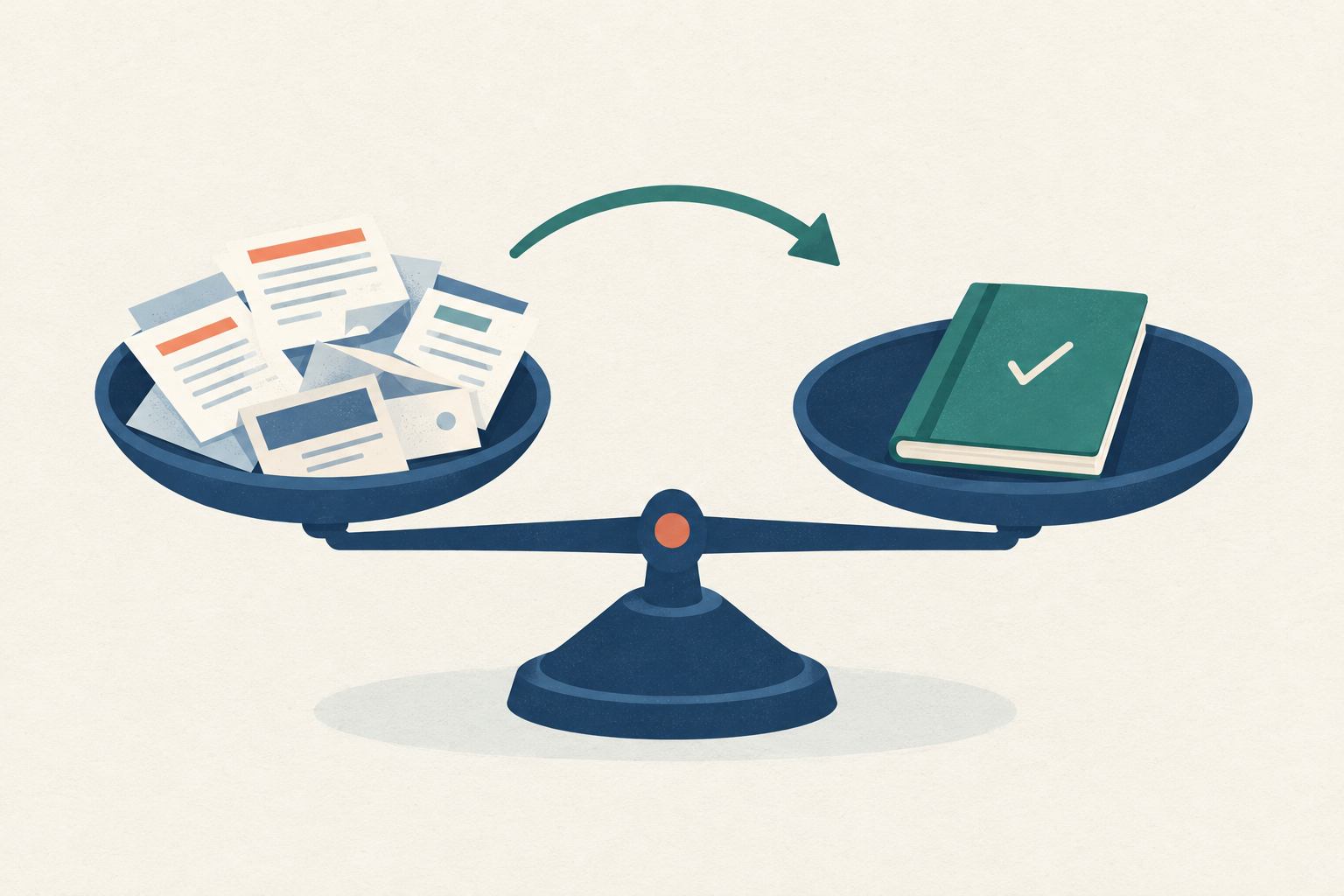 Two debt paths shown as diverging roads on a balance scale, one pile of scattered bills merging into a single clean ledger with a checkmark