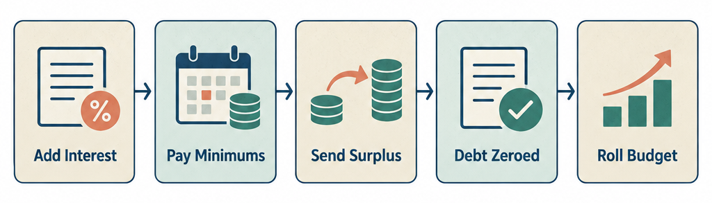 Flow diagram showing five monthly loop steps: Add Interest, Pay Minimums, Send Surplus, Target Debt Zeroed, Roll Budget Forward