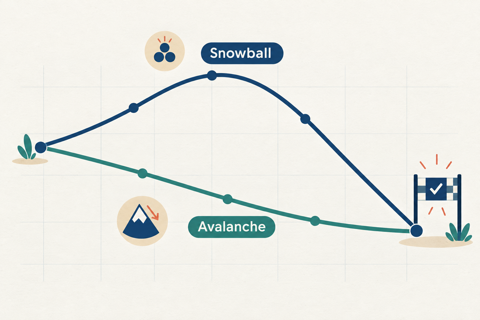 Two debt payoff paths shown as diverging arrow tracks on a grid, one labeled Snowball and one labeled Avalanche, converging at a finish line with a checkmark