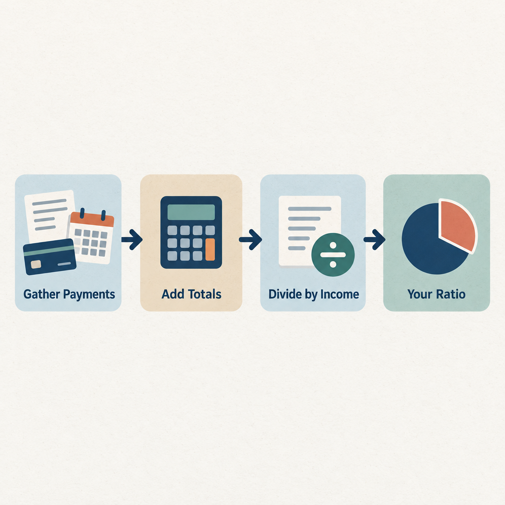 Flow diagram showing four steps: gather payments, add totals, divide by income, read ratio percentage
