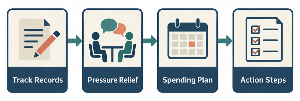 Flow diagram showing the four-stage DA program process: Track Records, Pressure Relief, Spending Plan, Action Steps