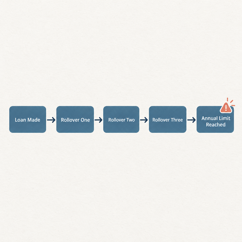 Flow diagram showing the five-step cycle of a Delaware short-term loan from application through four rollovers to the annual limit