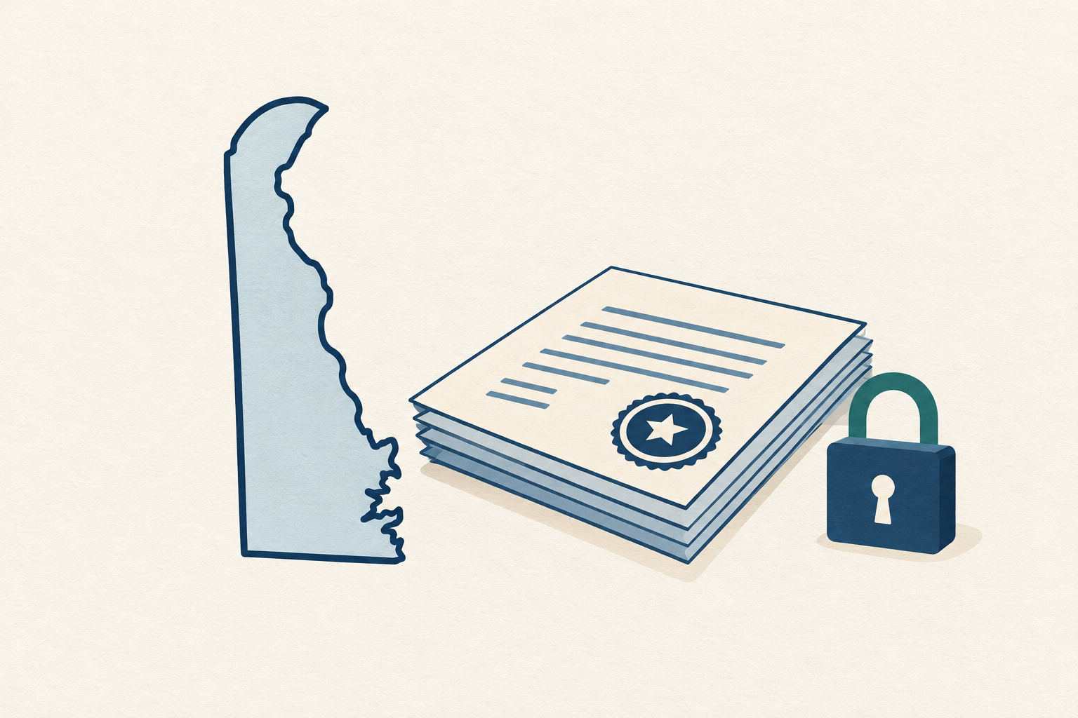 A state outline of Delaware beside a small stack of documents with a license seal and a padlock, representing regulated small-dollar lending laws