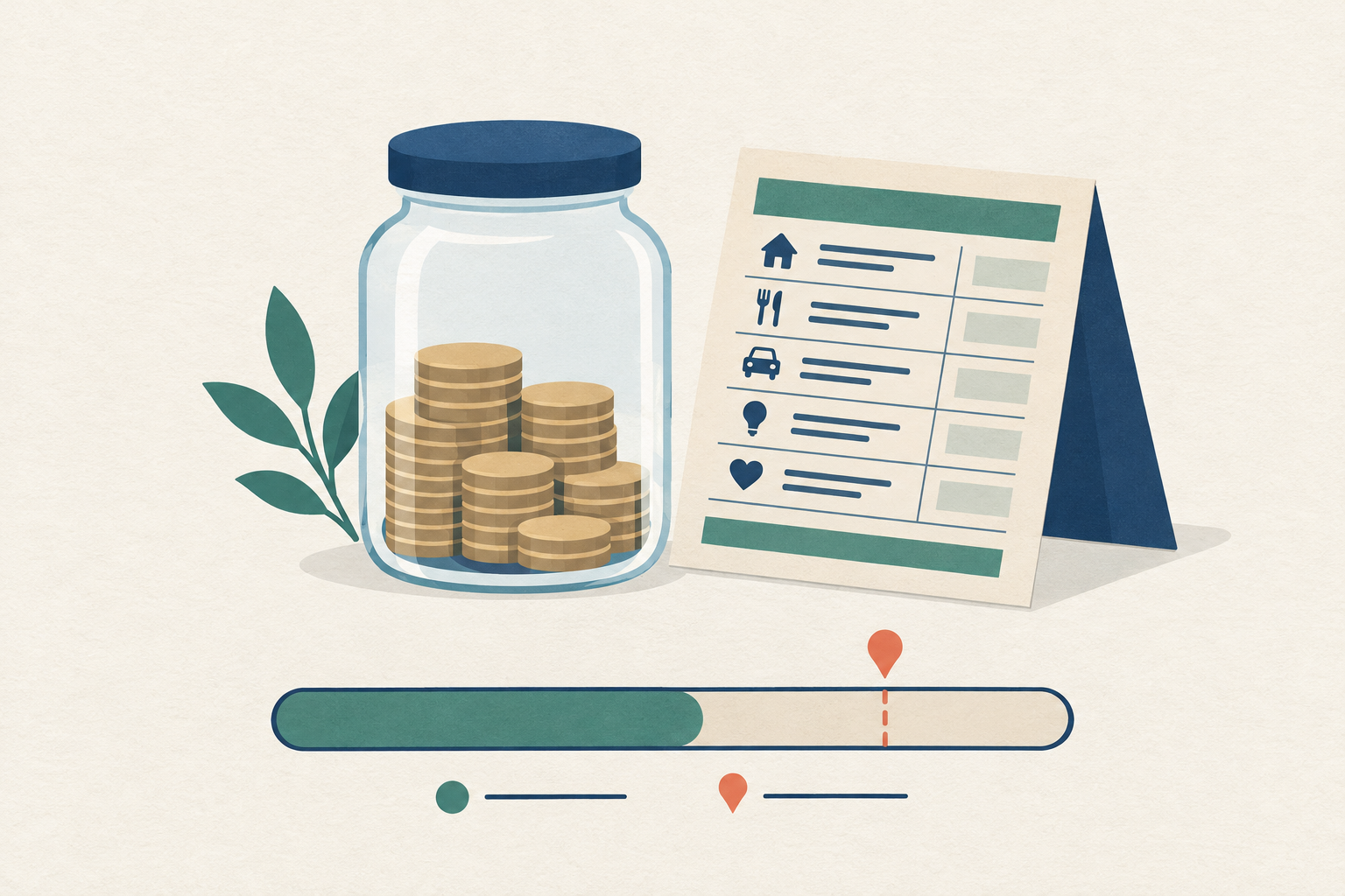 A glass jar partially filled with coins beside a monthly budget worksheet and a simple progress bar showing savings toward a goal