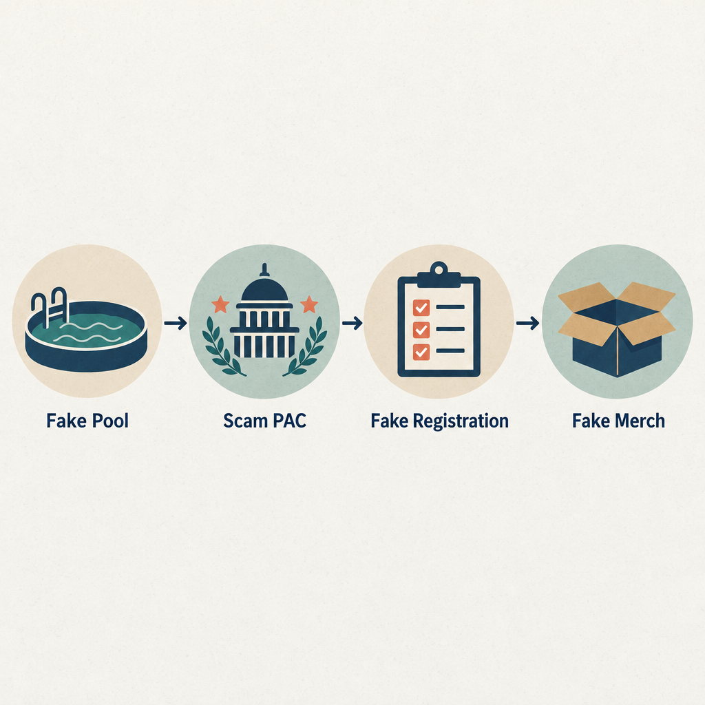 Flow diagram showing four election scam types: fake investment pool, scam PAC, fake voter registration, and fake merchandise