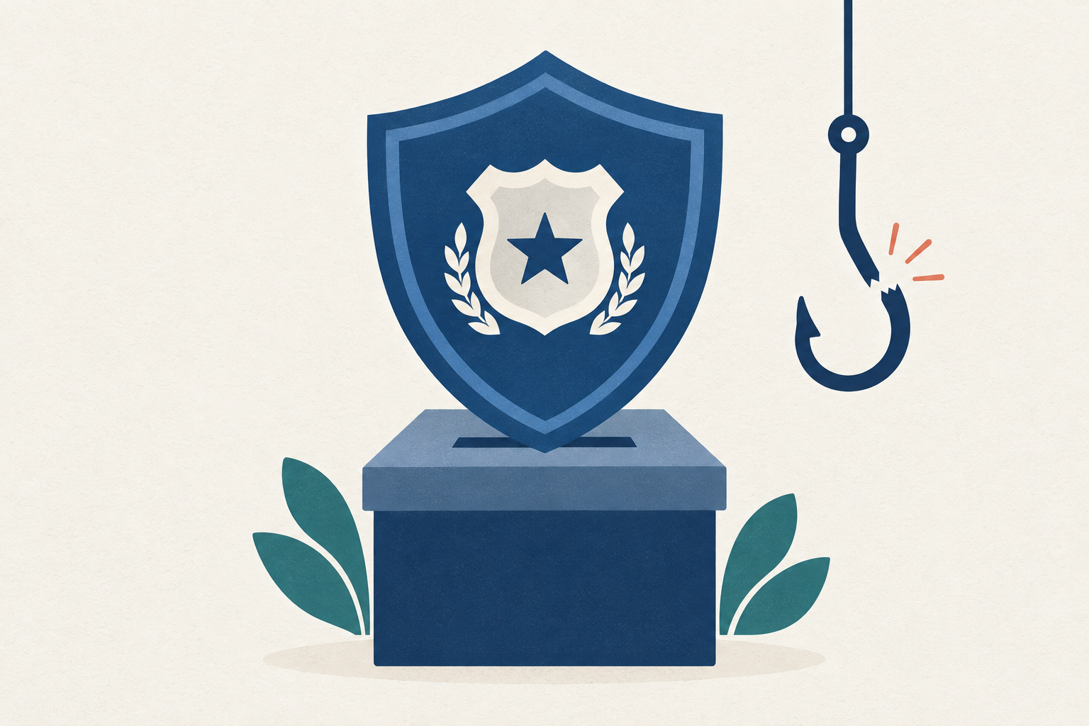 A shield emblazoned with an official seal overlaying a ballot box, with a broken fishing hook dangling nearby to represent election scam protection