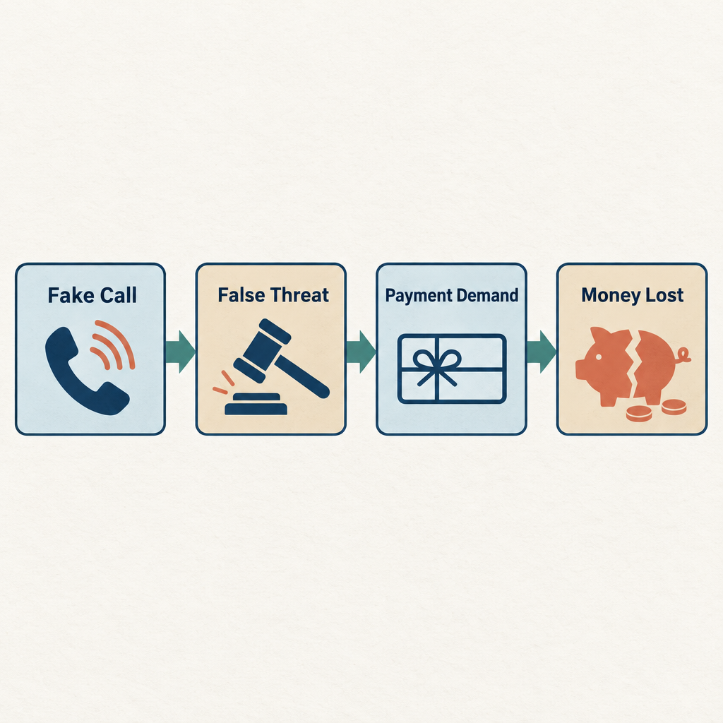 Flow diagram showing the four steps of a jury duty phone scam: fake call, false threat, payment demand, and money lost