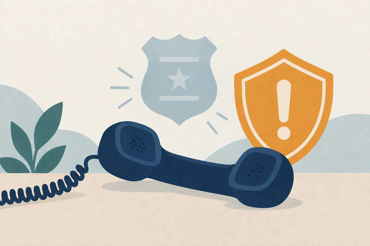 A telephone handset overlaid with a sheriff badge and a warning shield, representing a jury duty impersonation scam call