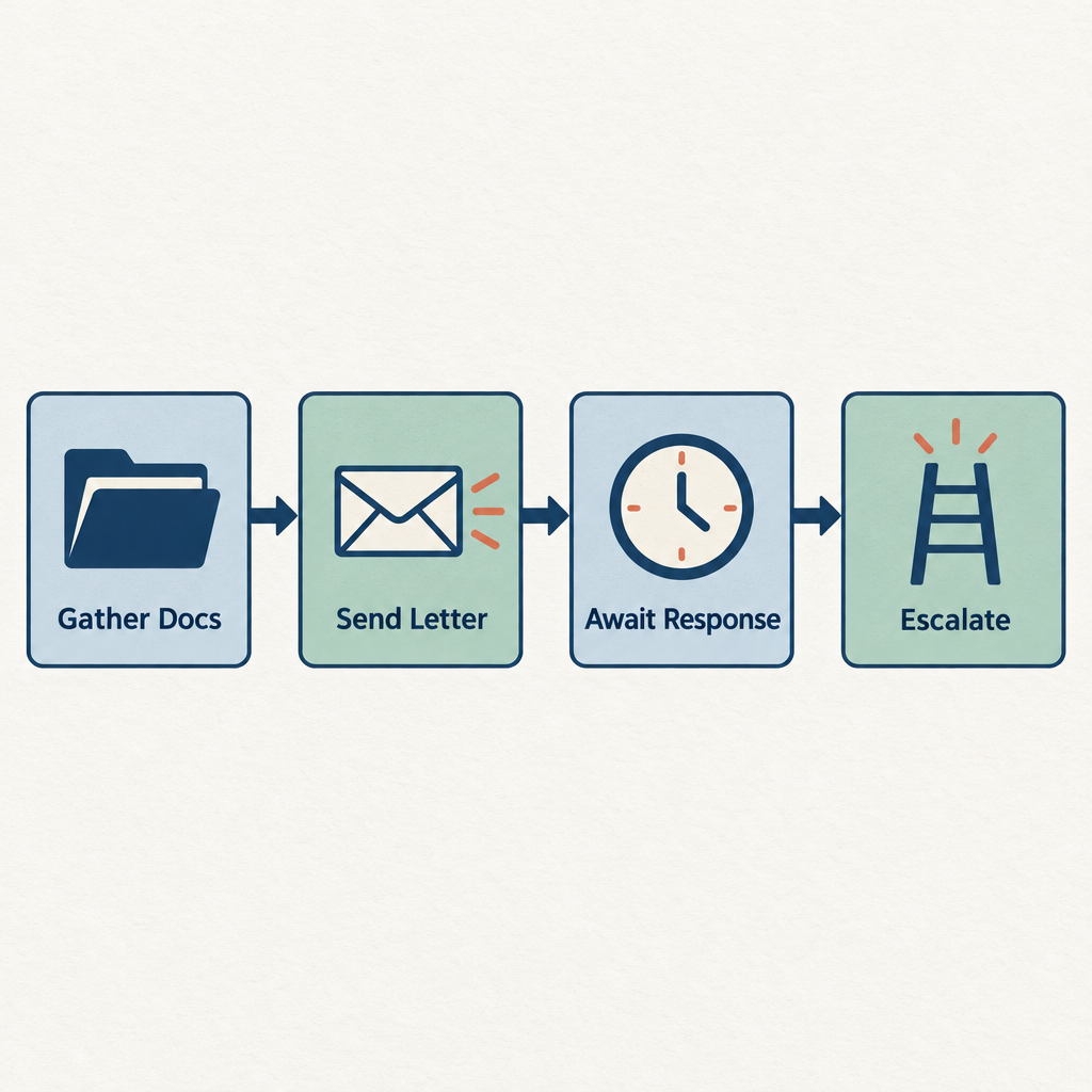 A four-step flow diagram showing the written dispute process: gather documents, send letter, await response, escalate if needed