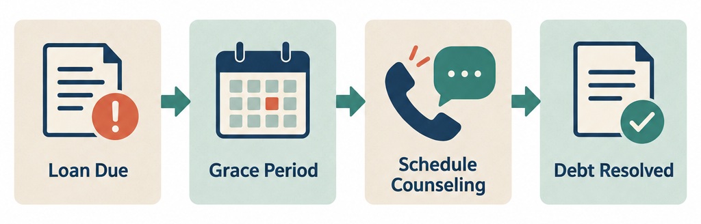 Flow diagram showing the Florida payday loan grace period process: missed payment, request grace period, schedule counseling, complete counseling, debt resolved