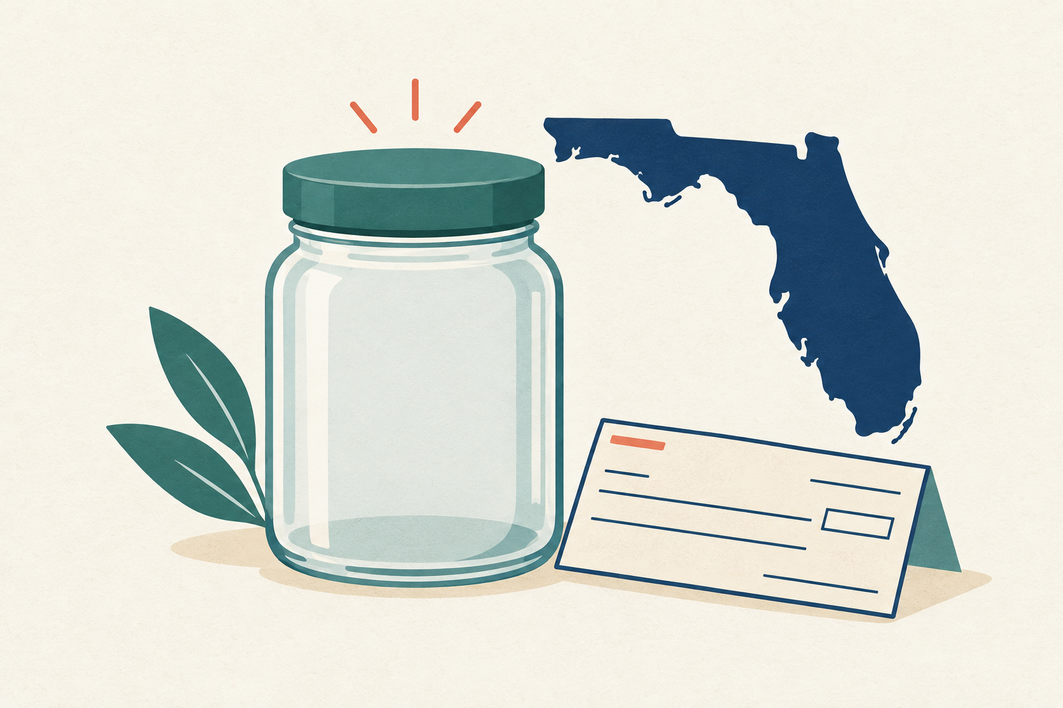 A capped jar of coins next to a Florida state outline and a single paper check, representing state limits on payday loan fees
