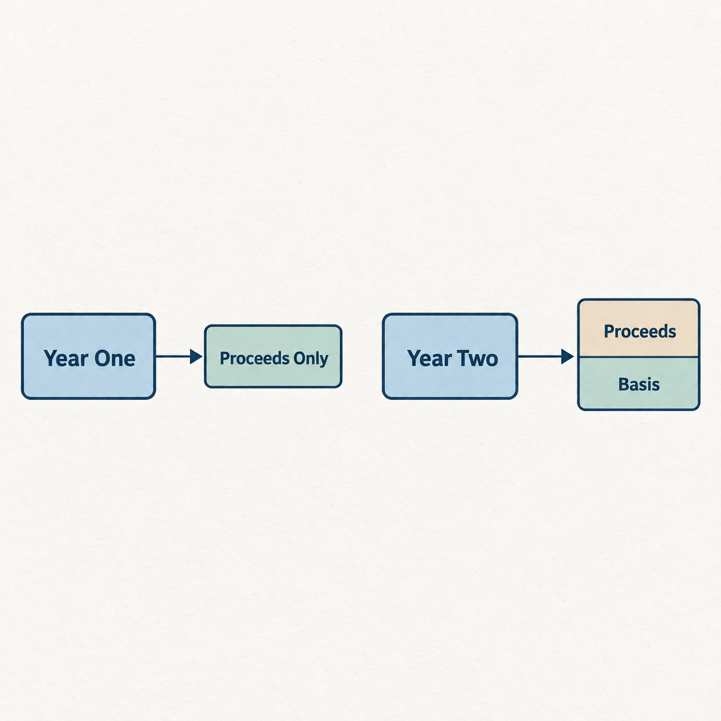 Flow diagram showing two phases of 1099-DA reporting: first year proceeds only, second year proceeds plus basis