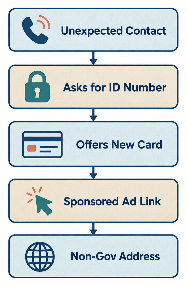 Flow diagram showing five red-flag warning signs of Medicare impersonation scams