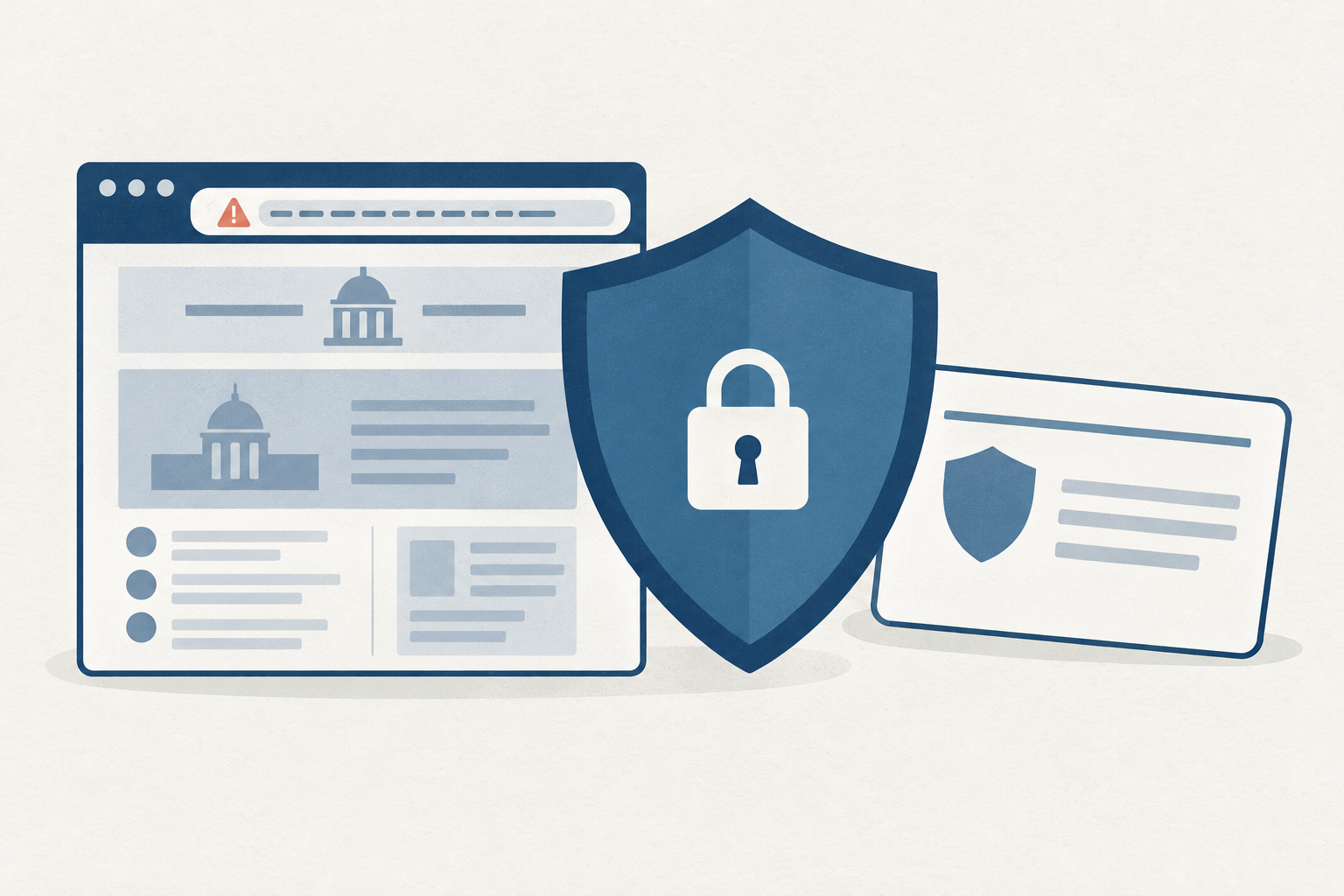 A shield blocking a fake lookalike website window while a Medicare card outline sits protected behind it