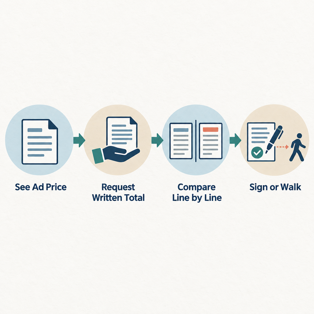 Flow diagram showing steps to verify an advertised car price against the final out-the-door price before signing