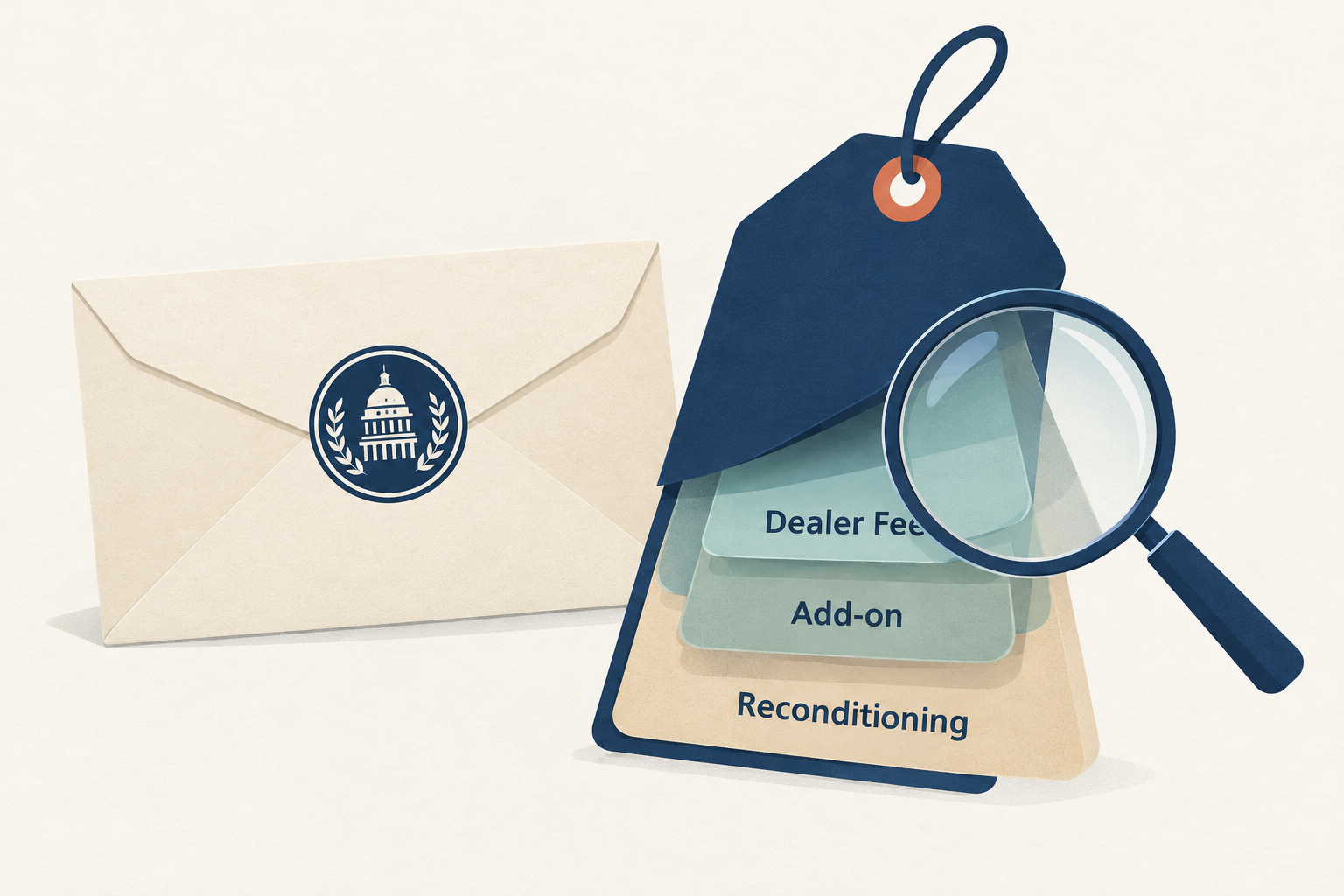 An official warning letter envelope beside a car price tag with a magnifying glass revealing hidden fees layered beneath the visible price