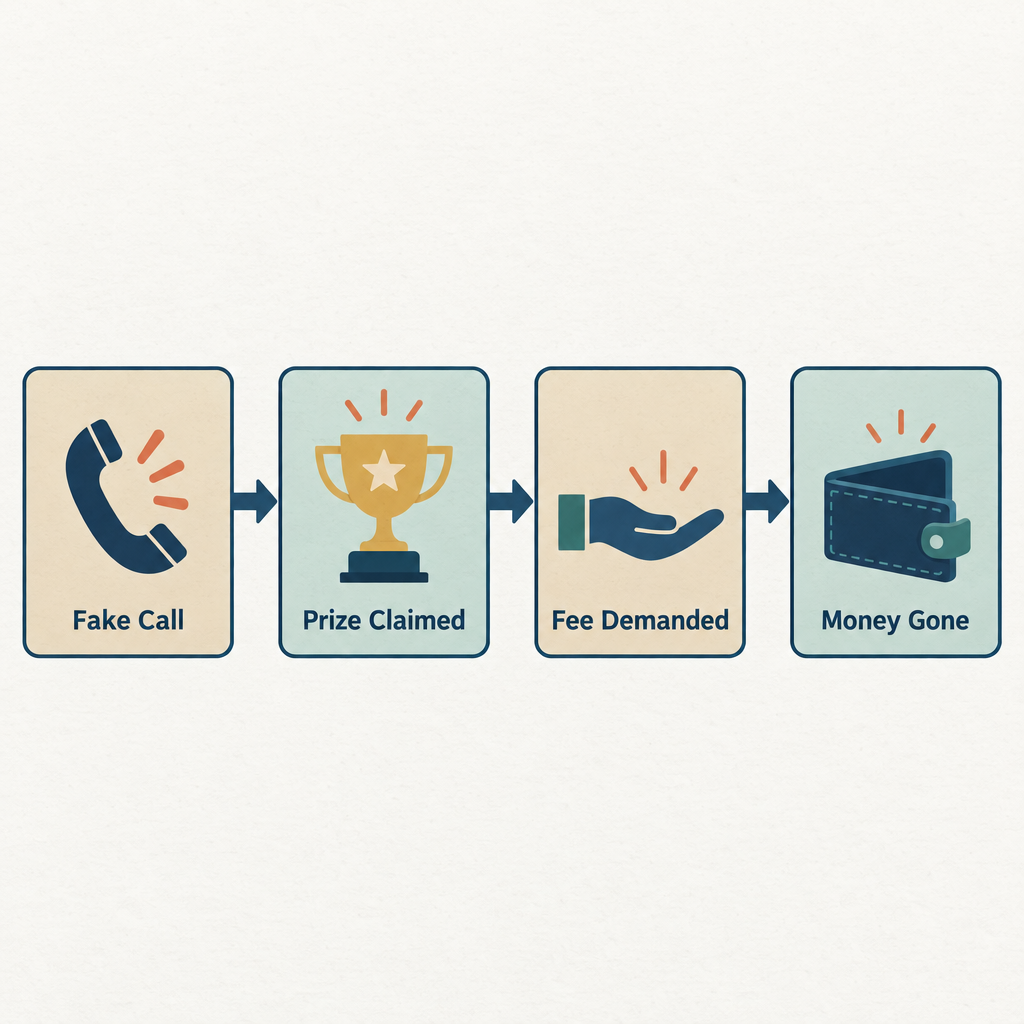 Flow diagram showing four steps of a charity sweepstakes scam: fake call, prize claim, fee demand, money lost